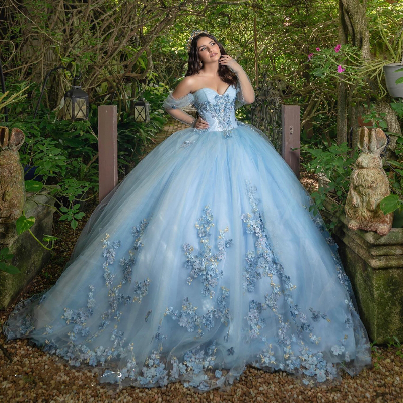 Charming Quinceanera Dresses Ball Gown Off The Shoulder Classic 3D wer Applique Crystal Sweet 16 Dress Vestidos De 15 Anos
