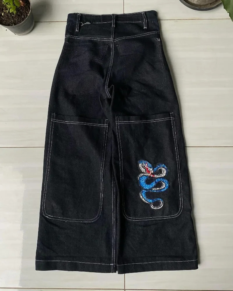 Y2K JNCO high quality Embroidered Hip Hop baggy jeans Tribal Jeans Gothic Streetwear Harajuku Black Pants Waist Wide Leg Trouser 240814