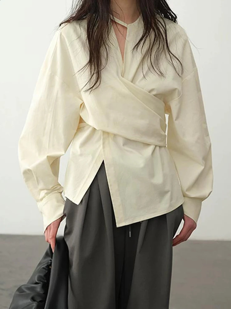EAM Women Light Yellow Irregular Corss Big Size Elegant Blouse V-neck Long Sleeve Shirt Fashion Spring Autumn 2024 26D4283 240815