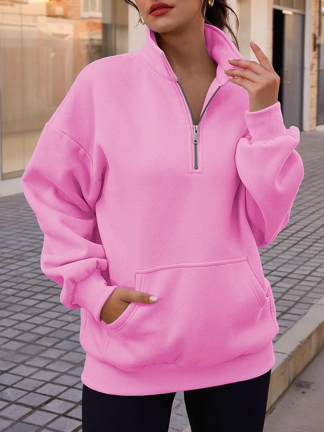 Stand Collar Casual Sweatshirts Half Zip Women Cropped Pullover Thumb Hole Overzised Hoodie Solid Color Plus Size Casual Sweater