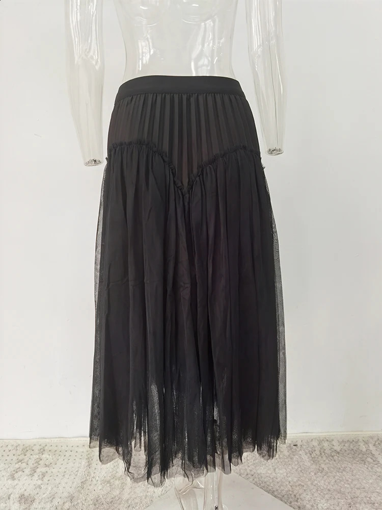 UCXQ Elegant Womens Clothing Lace Spliced Mesh A-line High Waist Khaki Black Fashion Skirts Female 2024 Spring Summer 23A7144 240815