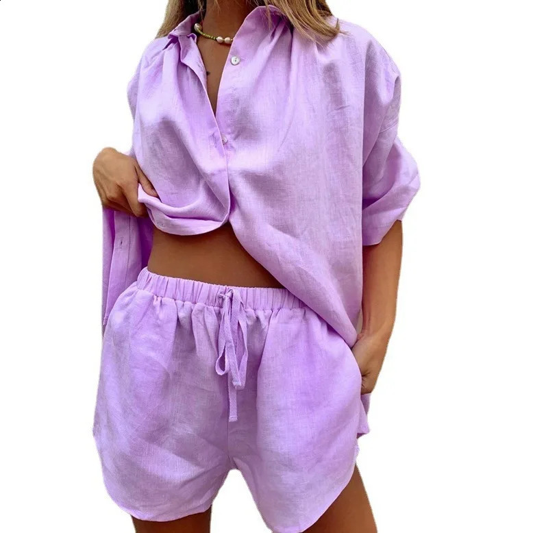 2024 Summer Womens 2piece set Solid Single breasted Short sleeve Shirt Two piece Set Wide Leg Laceup Shorts For Women 240816
