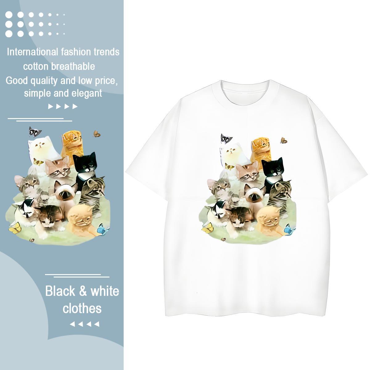 Brand Woman T Shirts Round Neck Short Sleeve 230g Cotton Women Tshirts Custom Cartoon cat Hip Hop Street Female Clothes