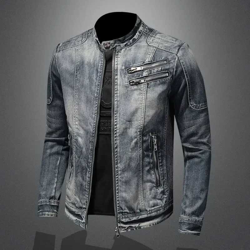 New mens denim jacket trend retro fashion casual stand up collar zipper jacket handmade cyclist clothing denim top W241011