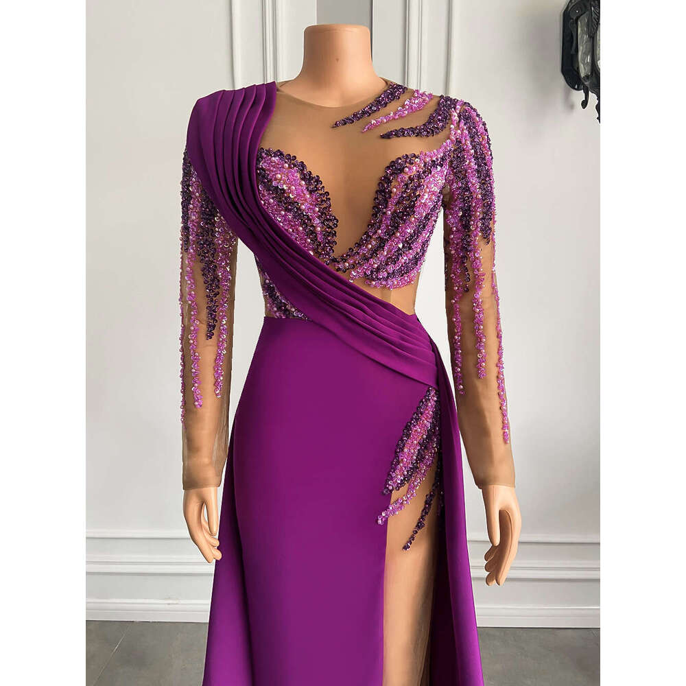 Sleeve Long Dresses Real Sample Pearls Dubai Women Purple Satin Sheer Formal Evening Gowns