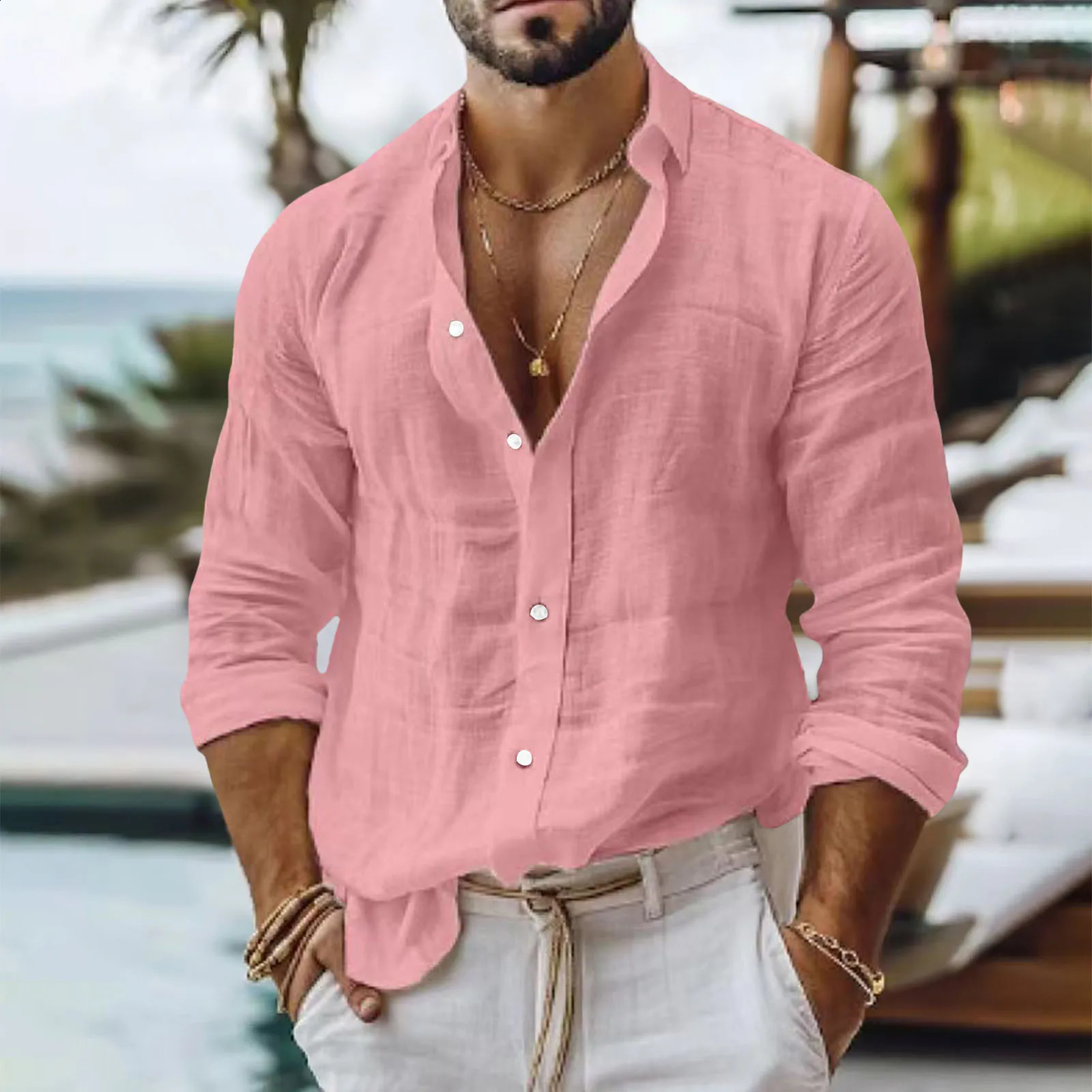 Mens Solid Colour Cotton Linen Shirt Casual Style Slim Fit Stand Collar Long Sleeve Business Casual Shirt Black Long Sleeved 240816