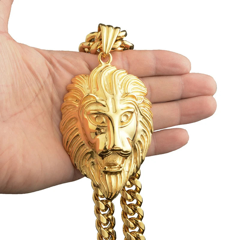 Hip Hop Bling Gold Stainless Steel Lion Pendant Necklace for Mens Rap Singer Jewelry with 14mm Wide Cube Chain 240810