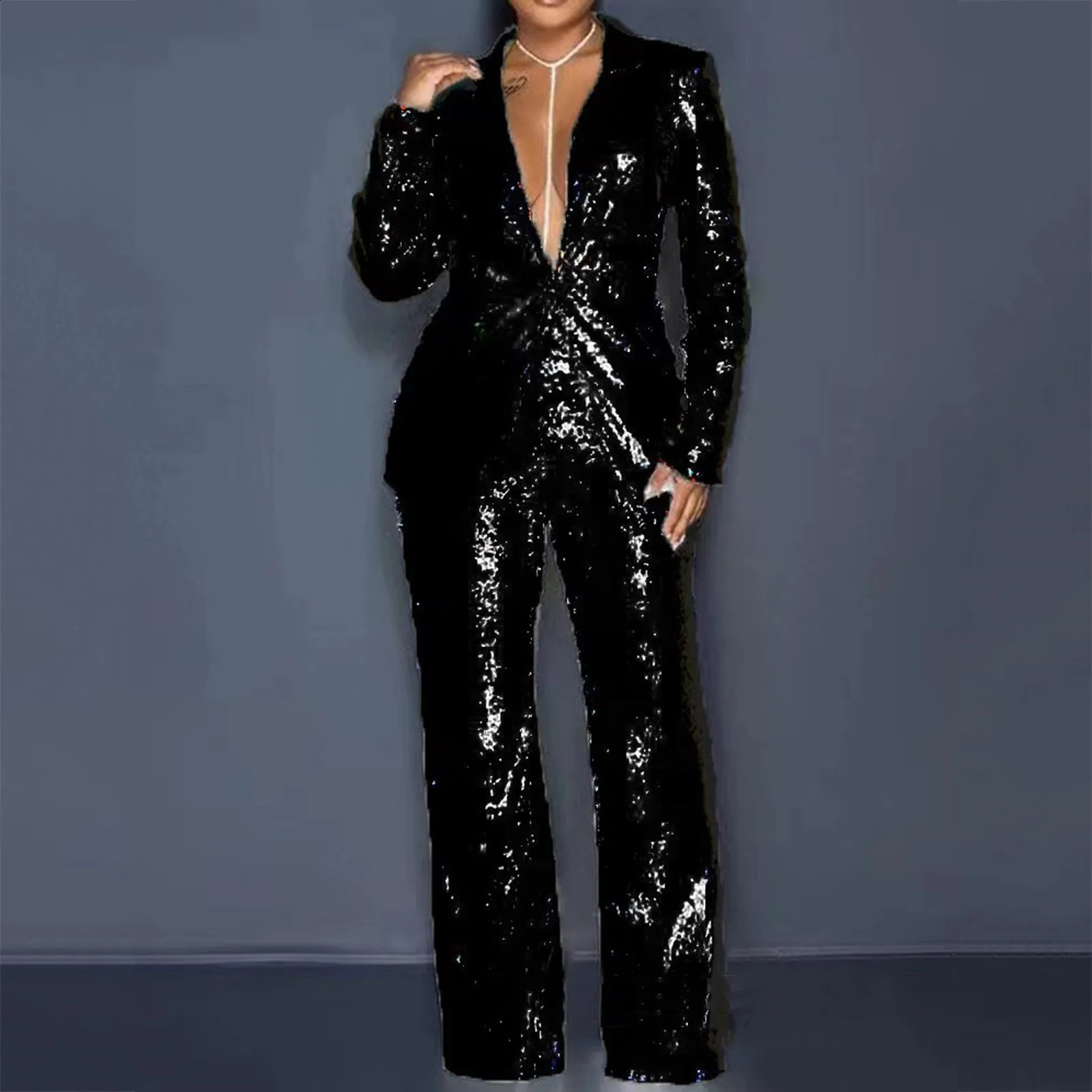 Sequin Pants and Blazer Set Women ious 2 Pieces Sets Spring Long Sleeve Blazer Coat High Waist Wide Leg Pants Suits Female 240815