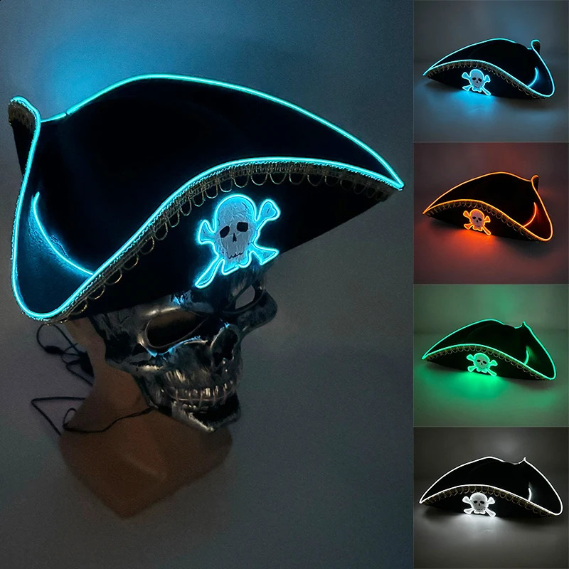 style Led Captain Hat Halloween Masquerade Pirate Theme Party Cosplay Captain Costumes Accessories Light Up Skull Pattern Hat 240816