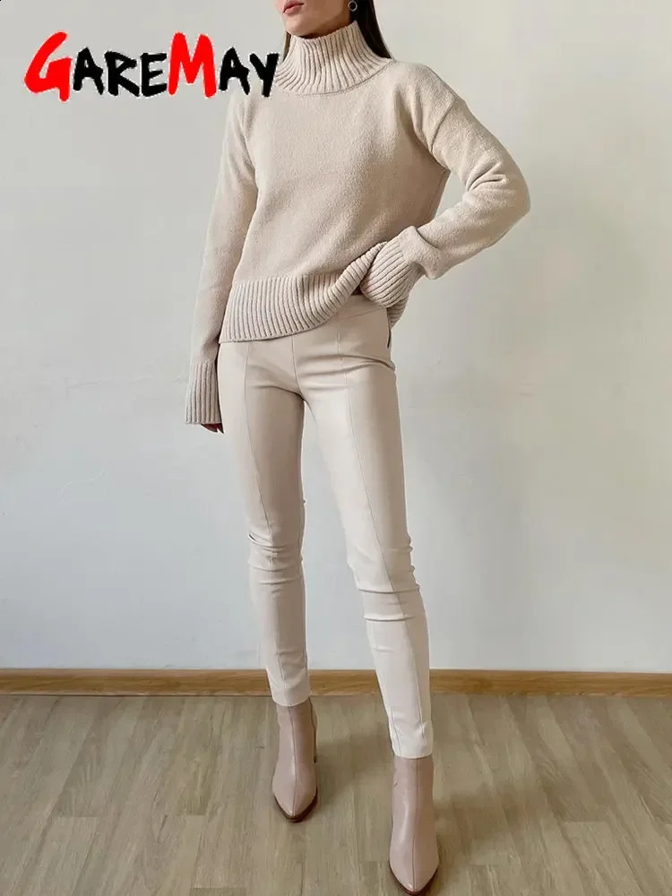 Winter Womens Leather Pants Black Slim Zipper Classic Leather Trousers Pencil Beige Tight Pu Faux Leather Pants for Women 240816