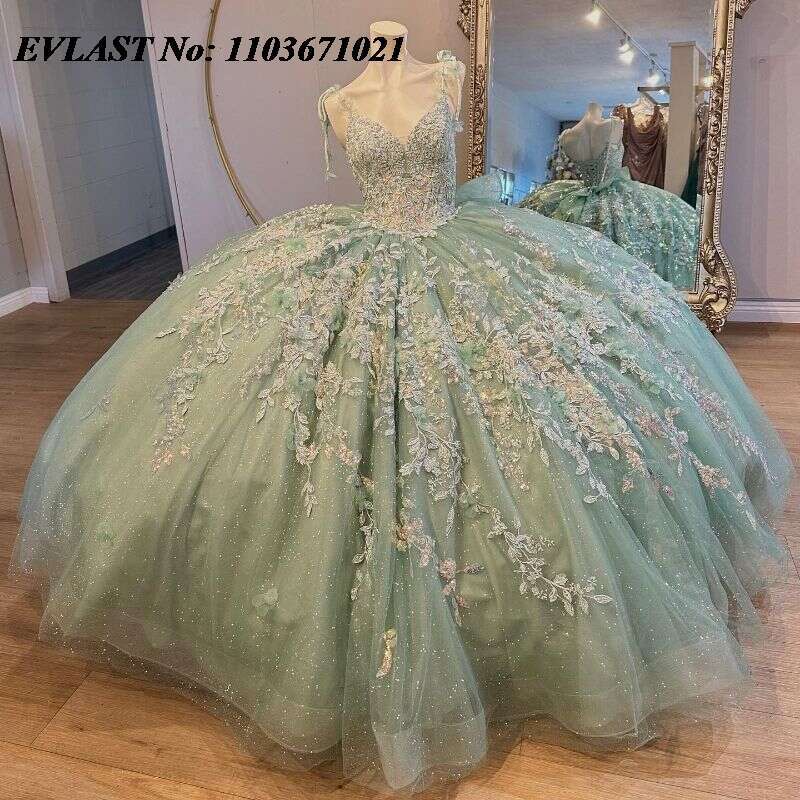 EVLAST Shiny MInt Green Ball Gown Quinceanera Dress Lace Applique Beading Spaghetti Bow Sweet 16 Vestidos De XV 15 Anos
