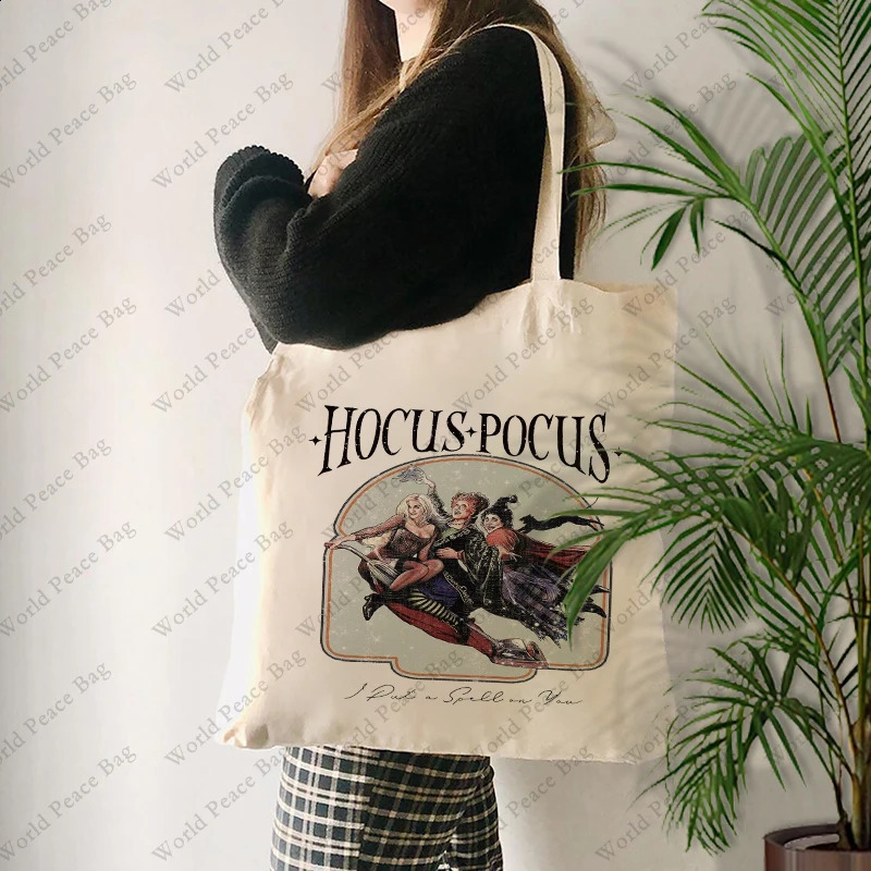 1 Pc Hocus Pocus Patterntote Canvas Quality Shoulder For Travel Daily Commute New Womens Reusable Shopping Bag 240816