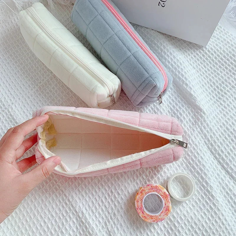 Cute Plush Women Lipstick Korean Student Pencil Case Travel Makeup Brushes Cosmetic Organizer Bag
