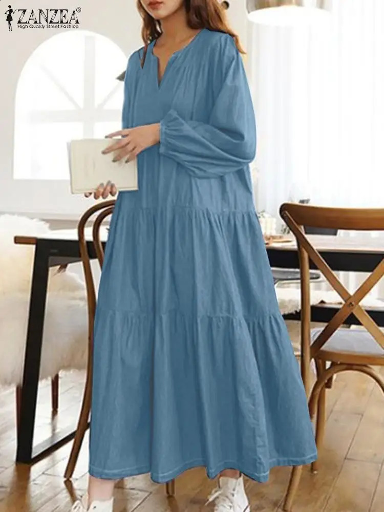 Oversized Women Denim Long Dresses ZANZEA Fashion V-neck Solid Robes Korean Fashion Long Sleeve Vestidos Casual Autumn Dresses 240816