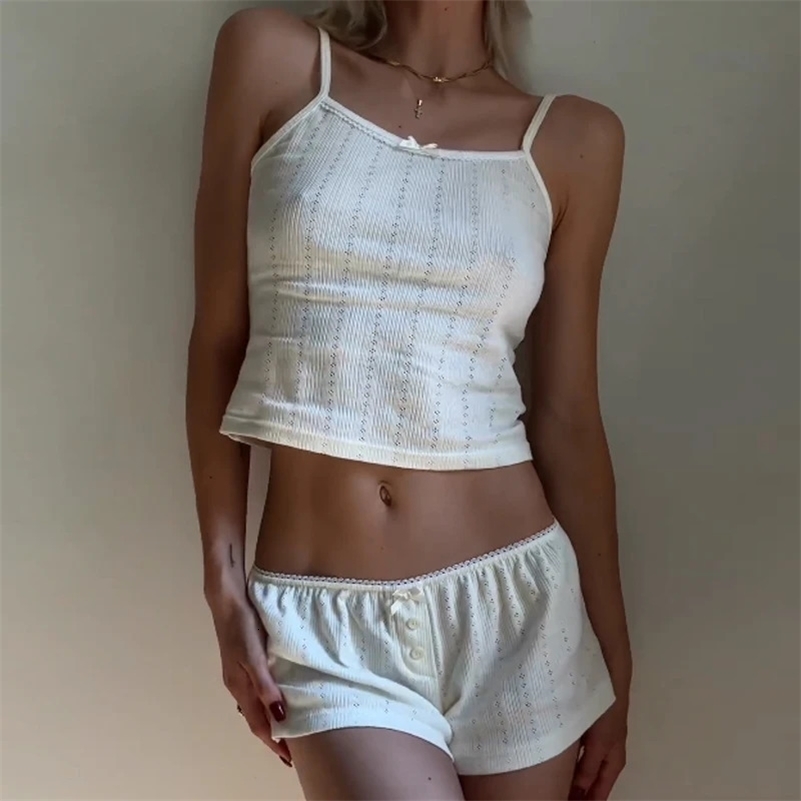 Retro Fairy Coquette Y2K Pajamas Outfits Comfy 2 Piece Set Loungewear Women Sexy V Neck Spaghetti Strap Camis Crop Tops Shorts y240815