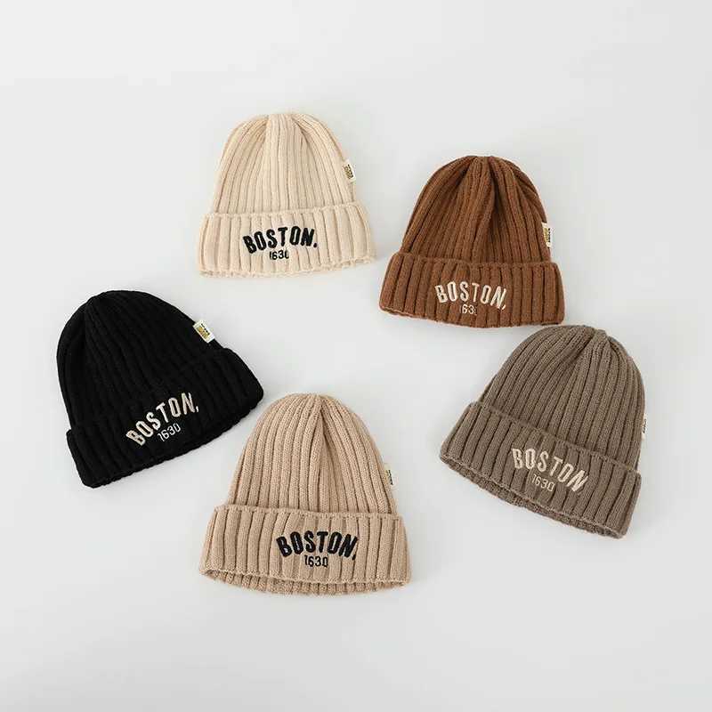 Autumn Winter Baby Embroidery Letter Knitting Caps Kid Boy Solid Warm Beanies Girl Children Fashion Casual Hat Infant Soft Caps LX241018
