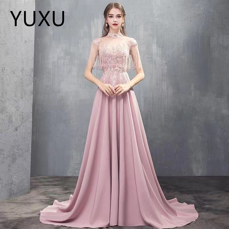 satin pink Evening Dresses Sparkly tassels beaded Sequin Rose Pink vestidos Prom Dress Lace Up Back Sweep Train Red Carpet Party Gown luxury mother of