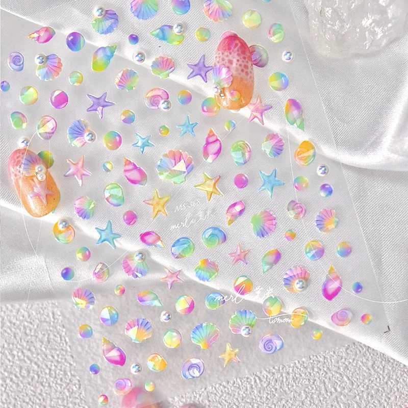 Fantasy Beach Summer Dreamy Colorful Seasnail Shell Pearl Conch Jelly Star 5D Decals Soft Relief 3D Decoration Nail Art StickersXJ250120