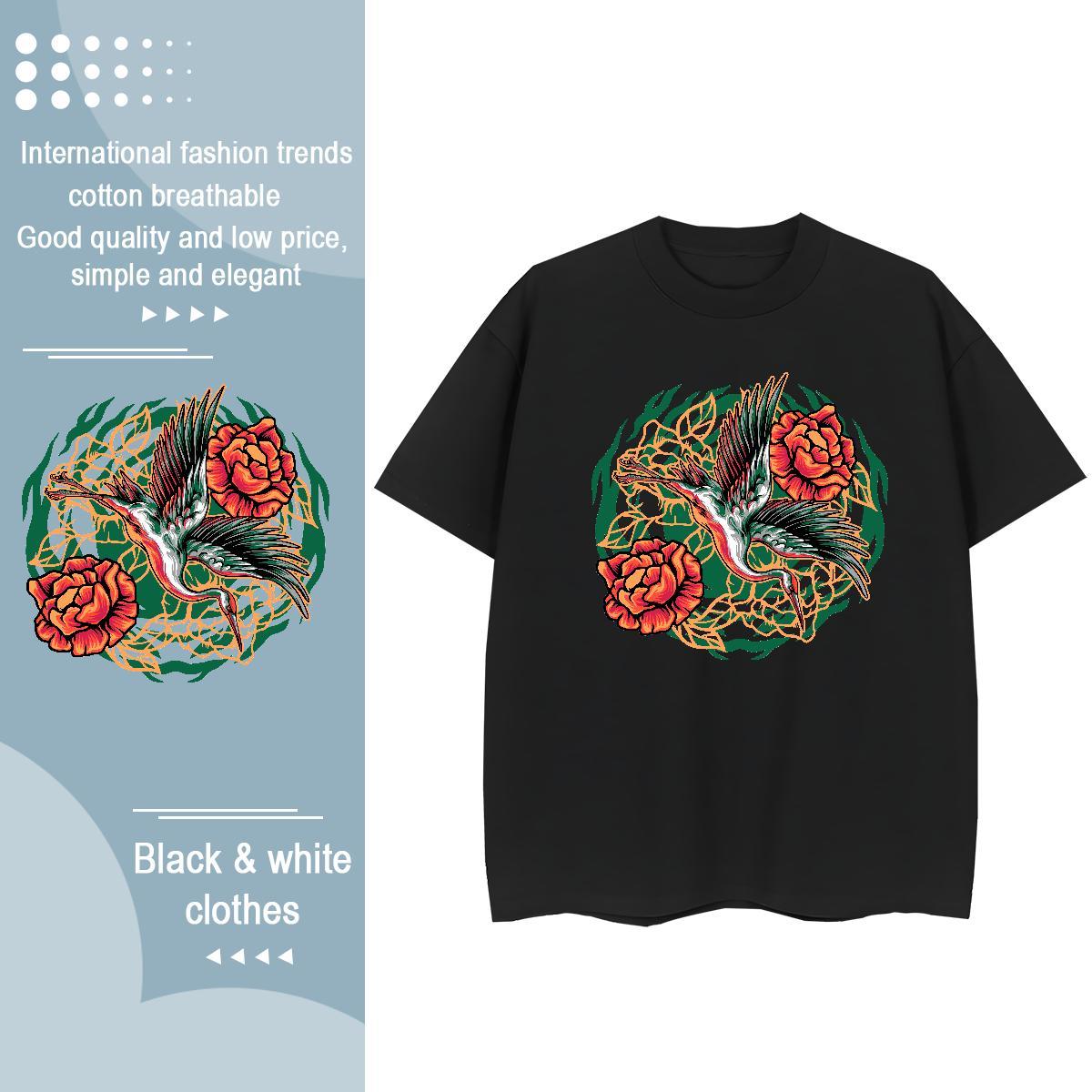 2024 Casual Women T Shirts O-Neck Short Sleeve 230g Cotton Women Tshirts Cartoon Floral Printing eagle Spring Summer High quality Tee Shirt