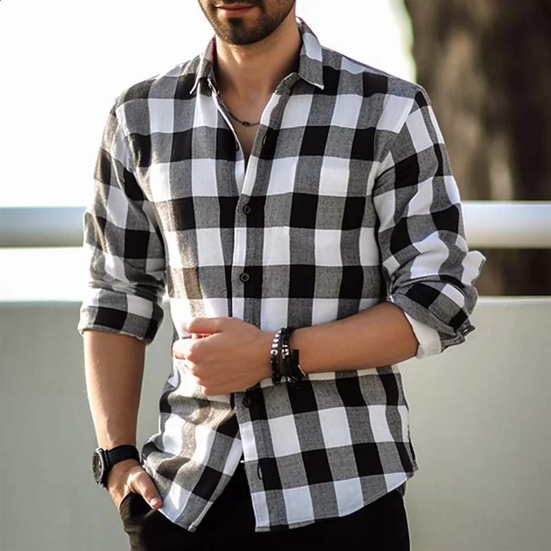 Fashion style black and white checkered shirt mens long sleeved shirt summer button up collar shirt loose casual top 240819