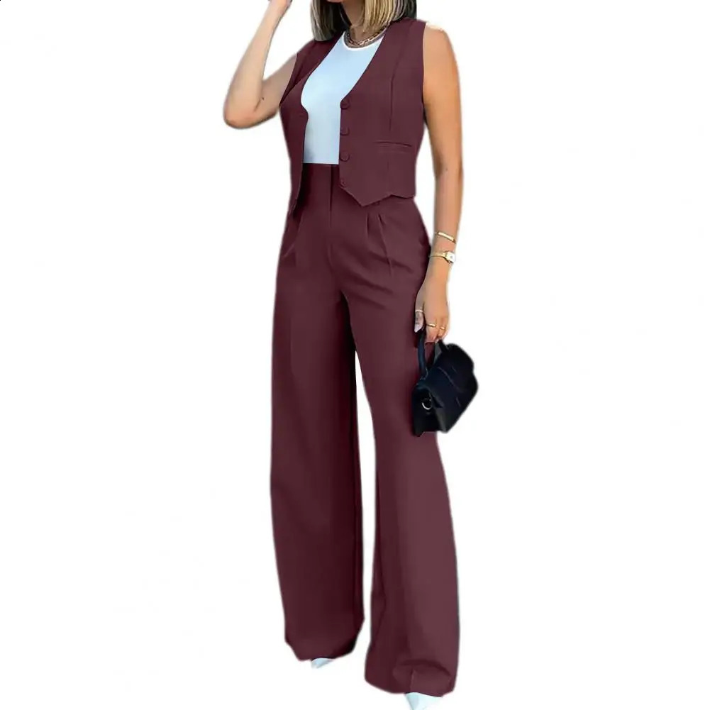 2 Pcs/Set Women Outfit Waistcoat Vest Suit Pants Set Formal Business Single-breasted Top Wide Leg Solid Color OL Outfit 240815
