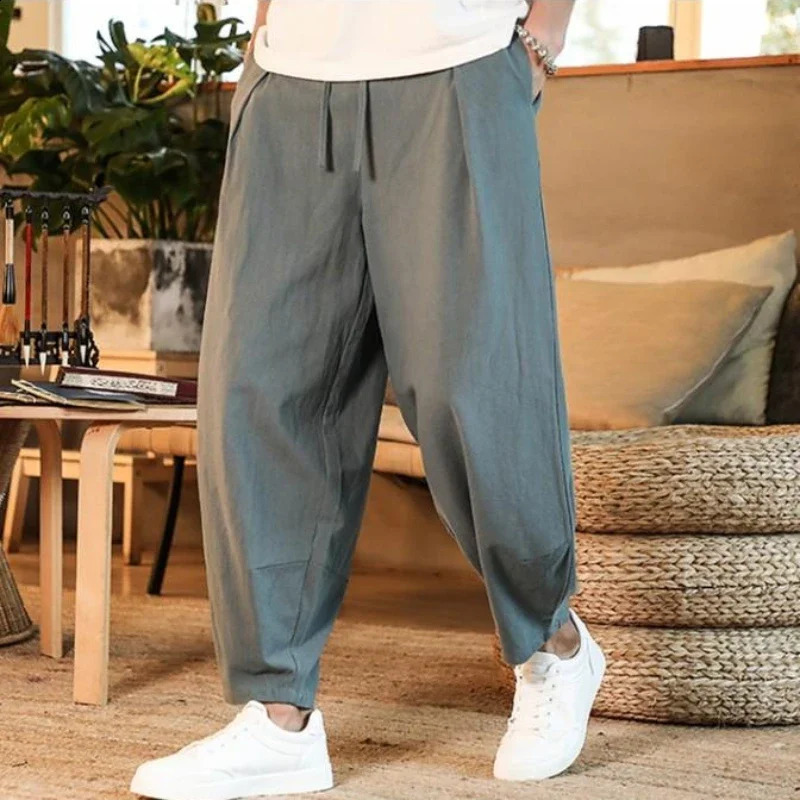 Mens Summer Chinese Style Linen Cropped Pants Loose Oversized Japanese Shorts 240816