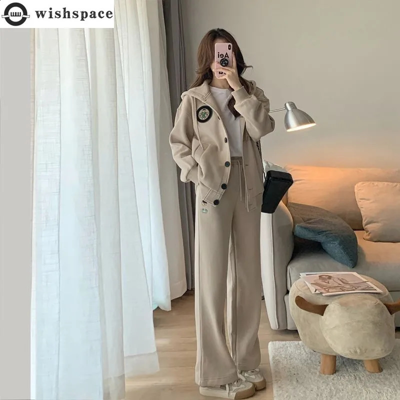 Fashion Sports Set Womens Autumn/Winter Korean Hooded Casual Top Wide Leg Pants Elegant Womens Two Piece Set 240815