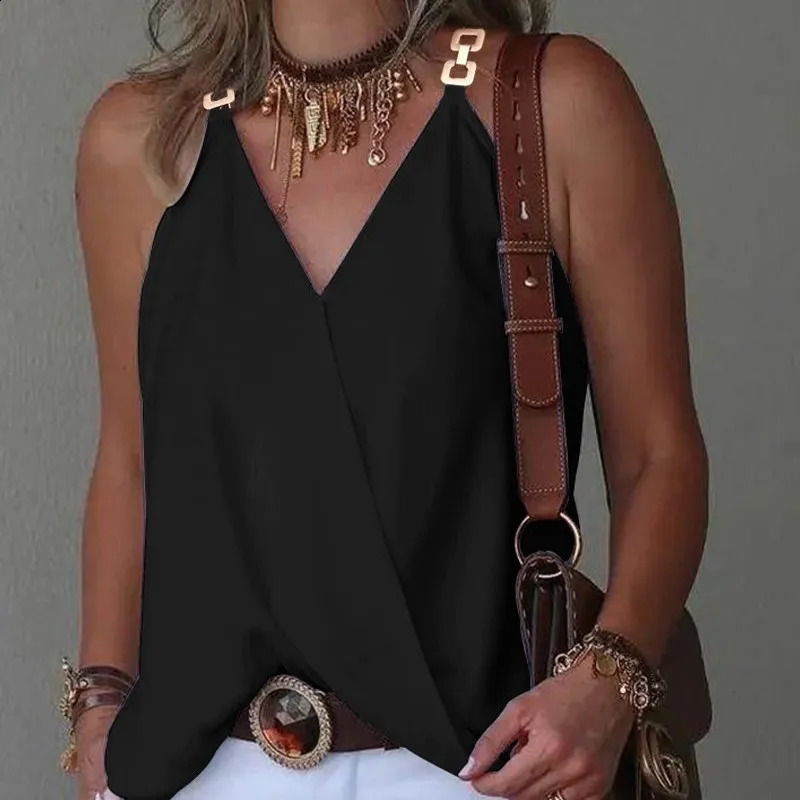 blusa mujer tendencia 2024 Women Vneck Sleeveless Tshirt And Metal Buckle Loose Top blusas para 240816