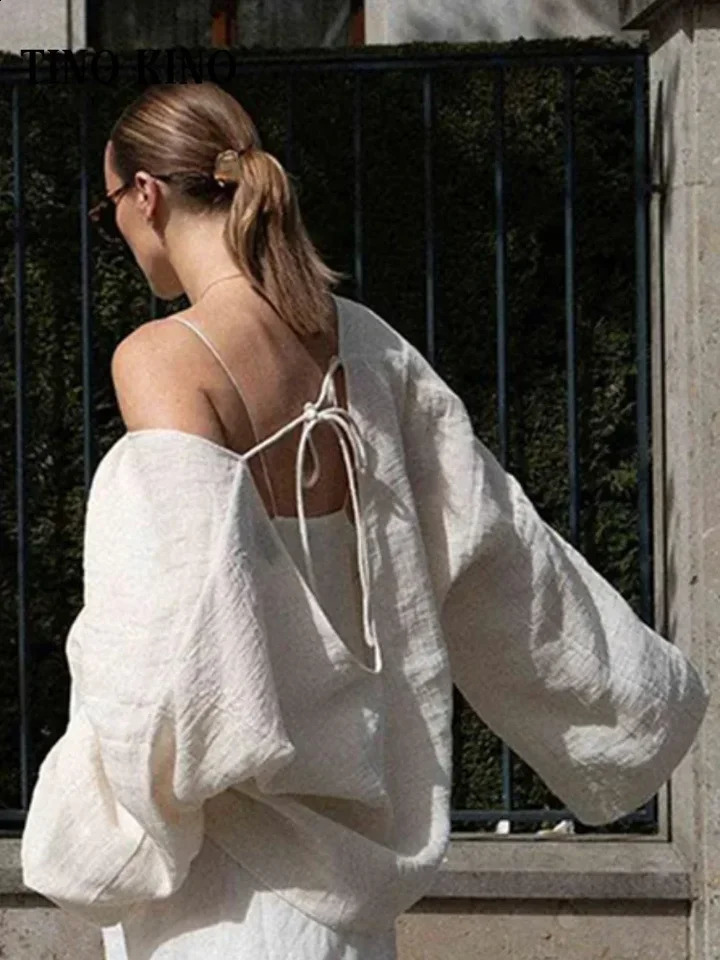 Casual lace backless womens shirt loose Vneck long sleeved pure cotton autumn item oversized vacation 240814