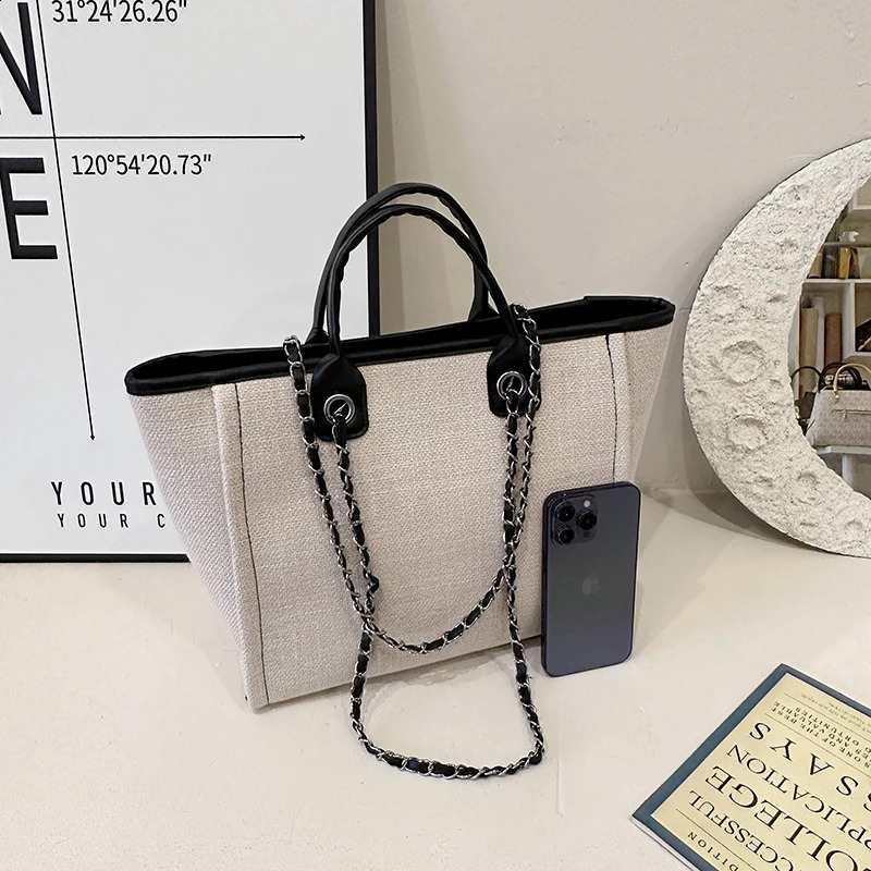 Fashion Simple Canvas Material Chain Bag Large Capacity Chain Zipper Womens Shoulder Bag Tote Bag For Commuter Shopping 240816