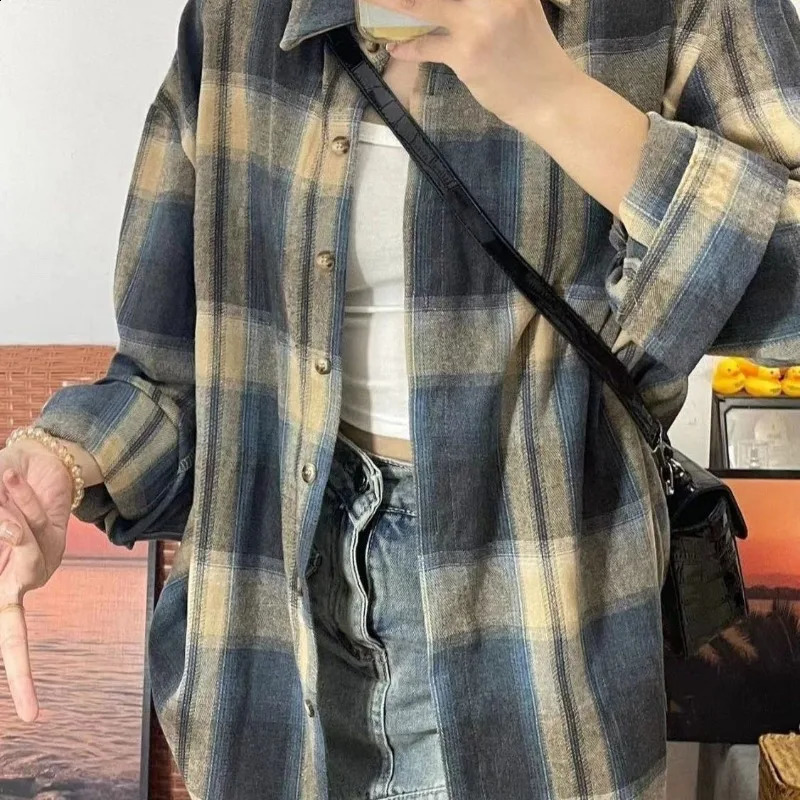 Vintage Plaid Y2k Shirt Women Haruku Korean Fashion Streetwear B4