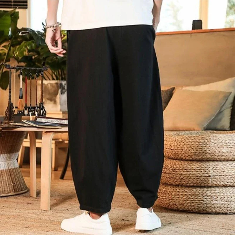 Mens Summer Chinese Style Linen Cropped Pants Loose Oversized Japanese Shorts 240816
