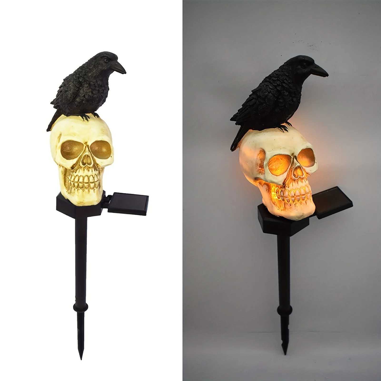 1Pcs Solar Resin Halloween Crow Skull Light Outdoor Waterproof LED Light Balcony Holiday Lawn Lamp Garden Decor Decorative Y240816