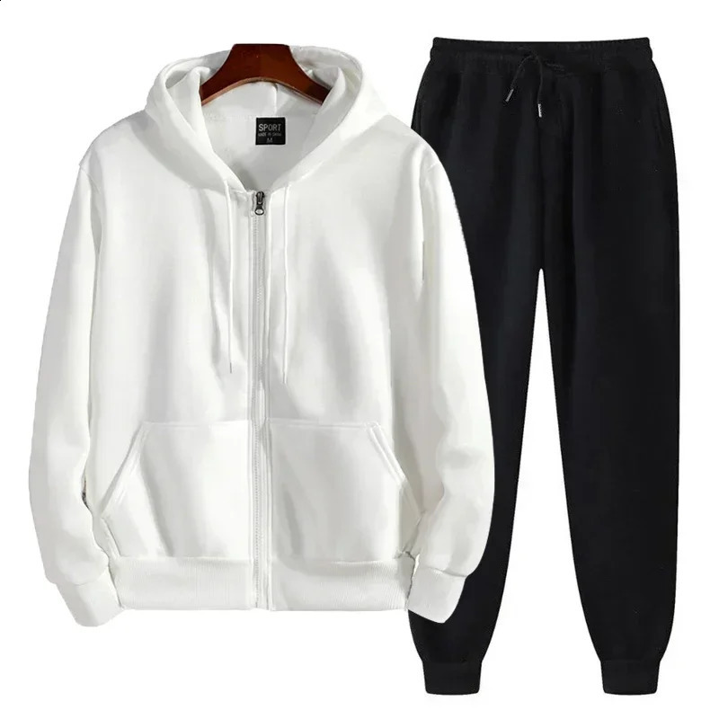 Mens Solid Set Zipper HoodiePants Spring/Autumn Casual Fitness Sports Elastic Mens Clothing Set Drawstring Pants 240827