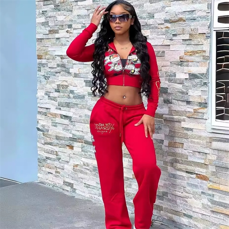 Women Tracksuits Two Pieces Set Designer New Trendy Street Skull Love Printed Basic Zipper Short Cardigan High Waist Straight Leg Pants Sportwear