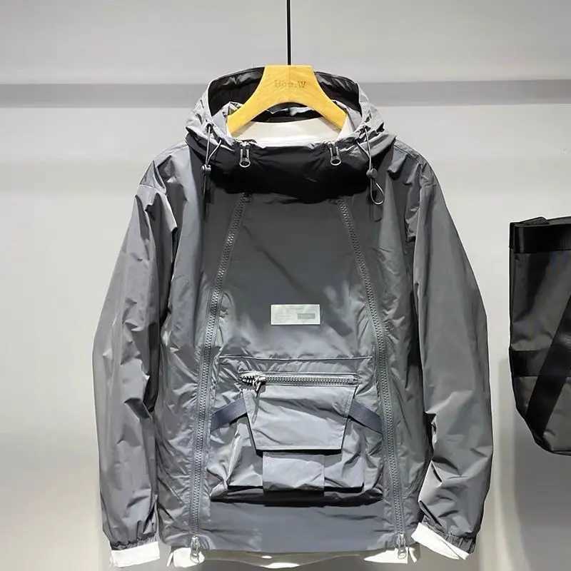New Luxury Spring and Autumn Mens Jacket Fashion Double Zipper Hooded Outdoor Jacket Black Coat Pocket SweatshirtW240711