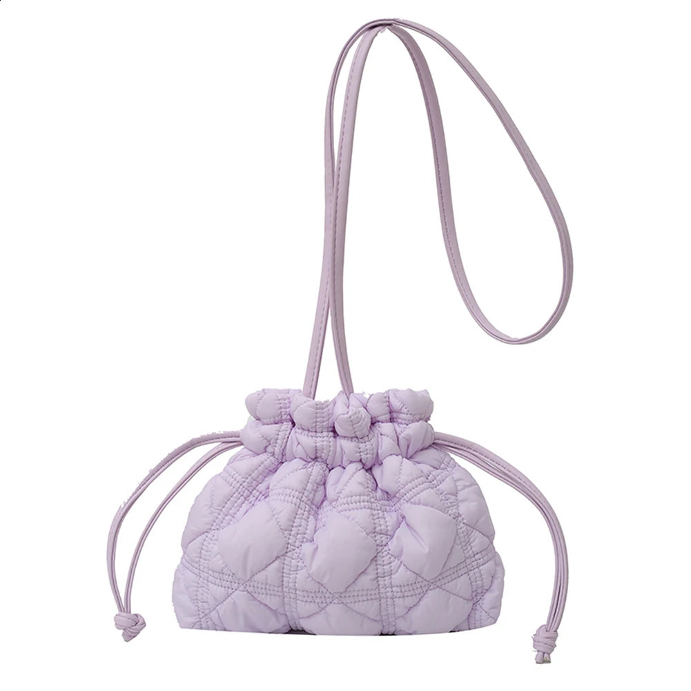 Women Puffer Bucket Bag Detachable Strap Drawstring Shoulder Bags Solid Color Quilted Crossbody for Outdoor Travel 240816