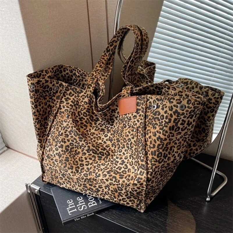 Leopard Pattern Tote Bag Vintage Canvas Shoulder Fashion Big Capacity Handbag For School Work Shopping y240816