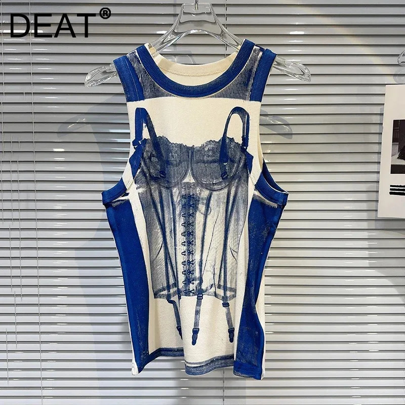 DEAT Lace Underwear Printed Pattern Sling Vest Womens 2024 Summer Elastic O-neck Vest 11X9355 240816