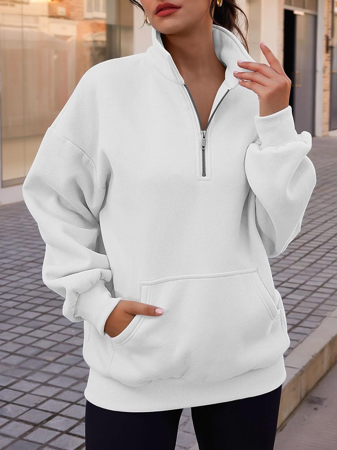 Stand Collar Casual Sweatshirts Half Zip Women Cropped Pullover Thumb Hole Overzised Hoodie Solid Color Plus Size Casual Sweater