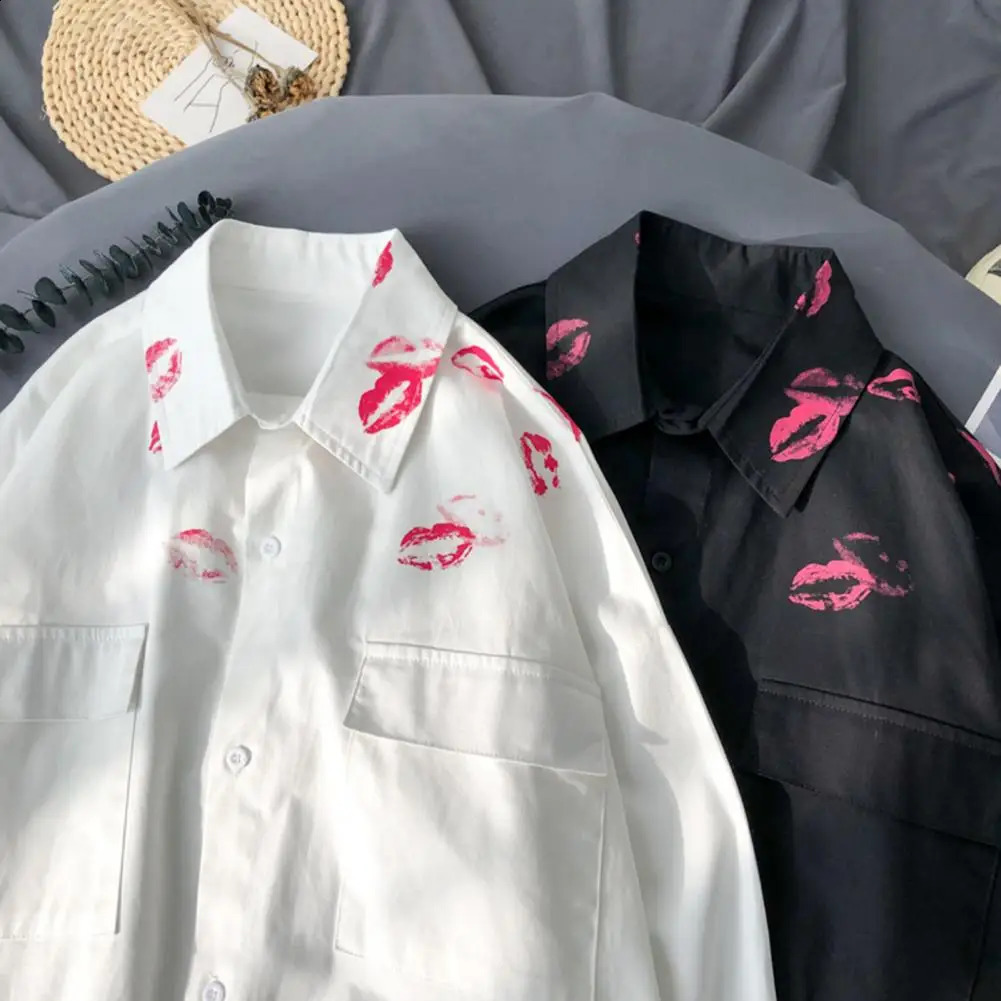 Kiss Print Mens Shirt With Print Vintage Lapel Long Sleeves White Shirt Coat Casual Men Shirts For Men Clothing Harajuku Blouse 240816