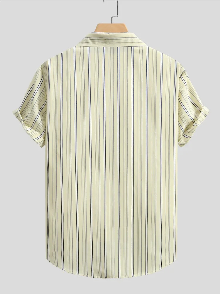 Mens Vertical Stripes Button Up Short Sleeves Casual Shirt Light Yellow Basic For Summer 240816