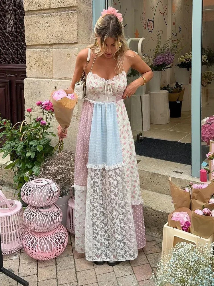Sweet Print Patchwork Lace Halter Maxi Dress For Ladies Sexy Backless Ruffled Sleeveless Aline Dresse Street Vestidos 240816