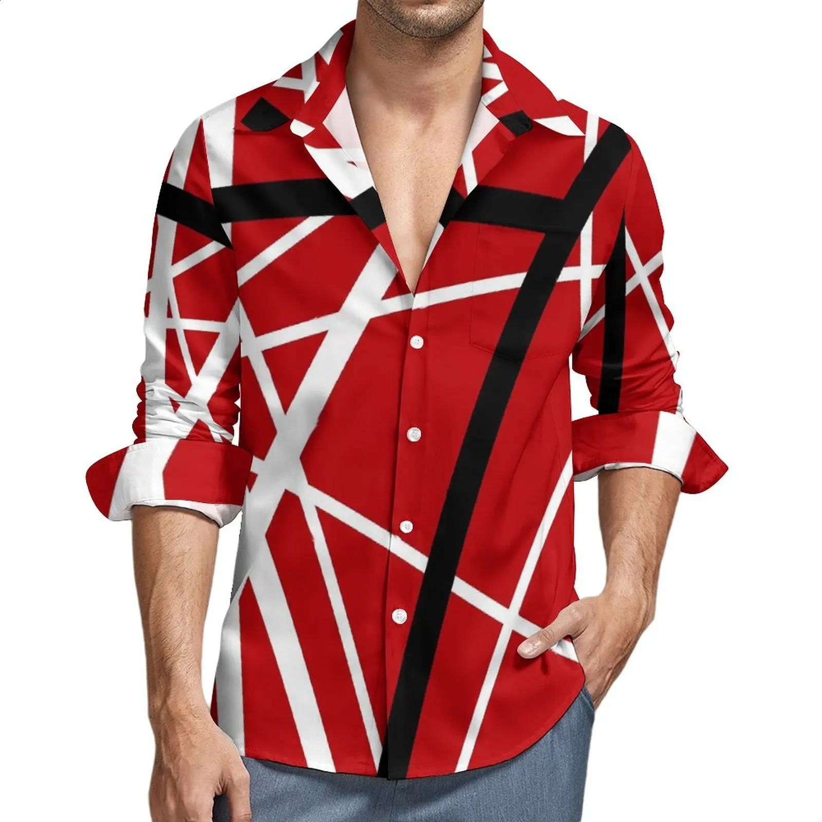 Van Halen Shirt Autumn Lines Print Casual Shirts Male Vintage Blouses Long Sleeve Printed Stylish Clothing Plus Size No Pockets 240816