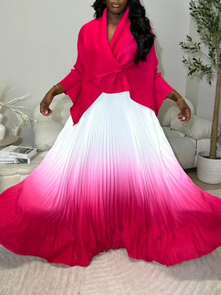 LANMREM Gradient Pleated Fashion 2 Piece Set Women Belt Batwing Sleeves Tops A-line Long Dresses Elegant Party Sets 32C1389 240815