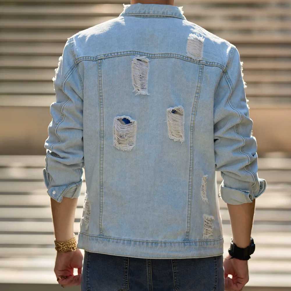 Autumn new mens streetwear fashion solid hole ultra-thin denim jacket high-quality mens casual jacket W241011
