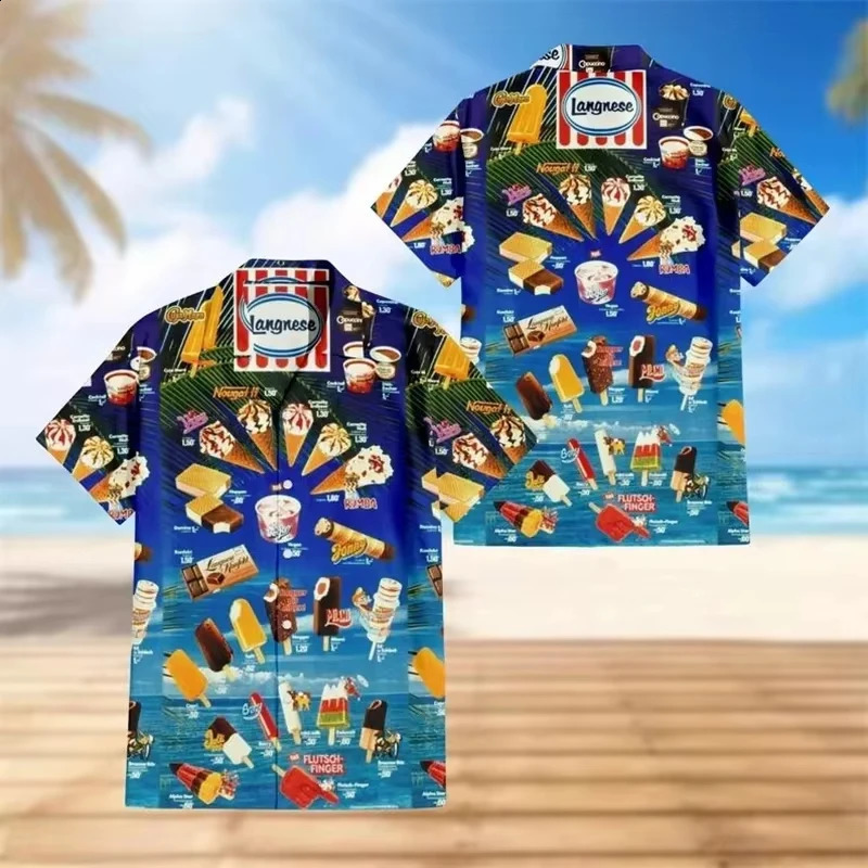 Summer Funny Ice Cream Graphic Party Shirts For Men 3D Hawaiian Cold Popsicle Print Beach Shirt Casual Vacation Ice cream Blouse 240816