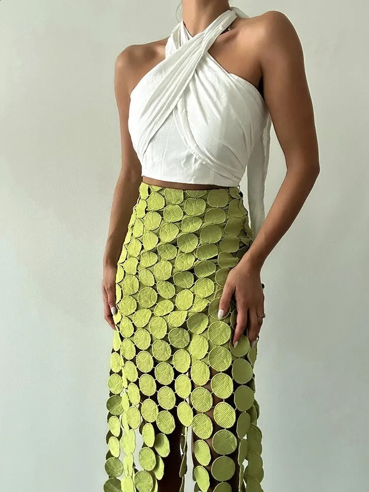 KBQ Dot Asymmetrical Solid Skirts For Women High Waist Slim A Line Tunic Irregular Split Spliced Tassel Skirt Female Fashion 240815