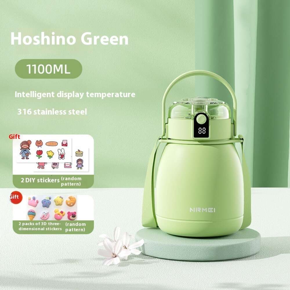 Stainless steel intelligent insulated cup, large capacity children's water kettle, high aesthetic value, internet celebrity, straw, big belly cup