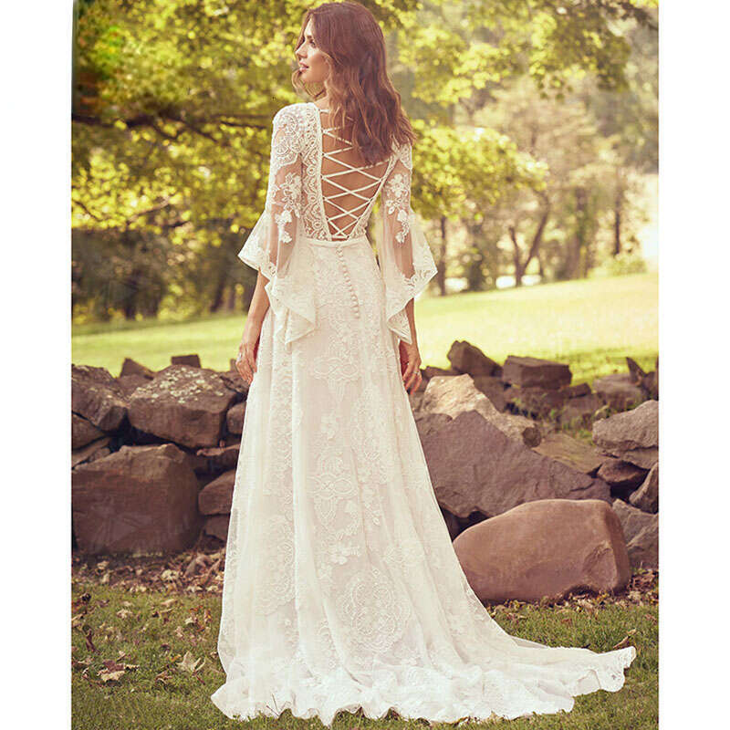 E A Boho Wedding Dress V Neck Lace Open Back Three Quarter Flare Sleeve Bridal Gown Custom Made Robe De
